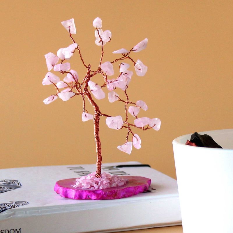 Albero di Gemme - 35 Pietre Quarzo Rosa su Base Agata Rosa