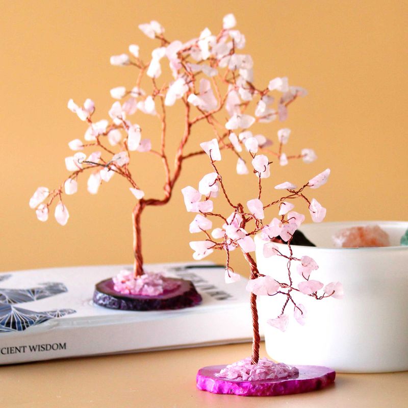 Albero di Gemme - 35 Pietre Quarzo Rosa su Base Agata Rosa