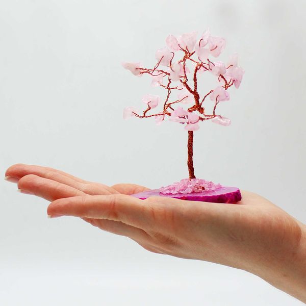 Albero di Gemme - 35 Pietre Quarzo Rosa su Base Agata Rosa