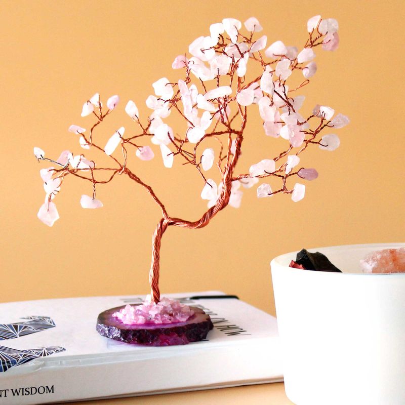 Albero di Gemme - 100 Pietre Quarzo Rosa su Base Agata Rosa