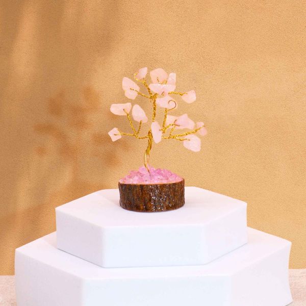 Mini Alberi di Gemme Base in Legno 15 Pietre - Quarzo Rosa