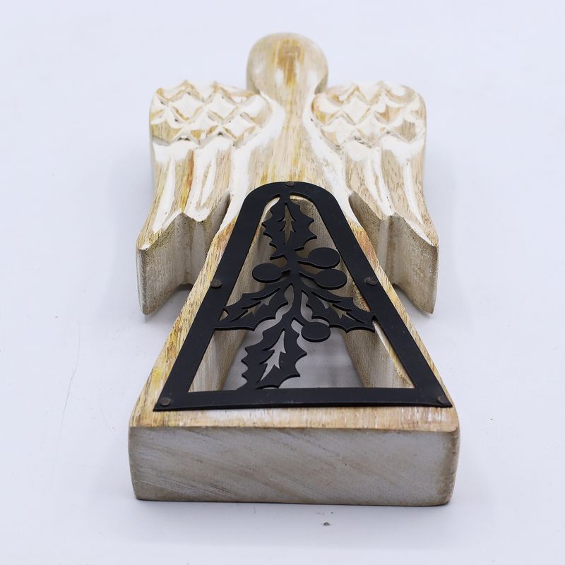 Angelo in Legno di Mango 18cm – Sbiancato con Decorazione in Ferro