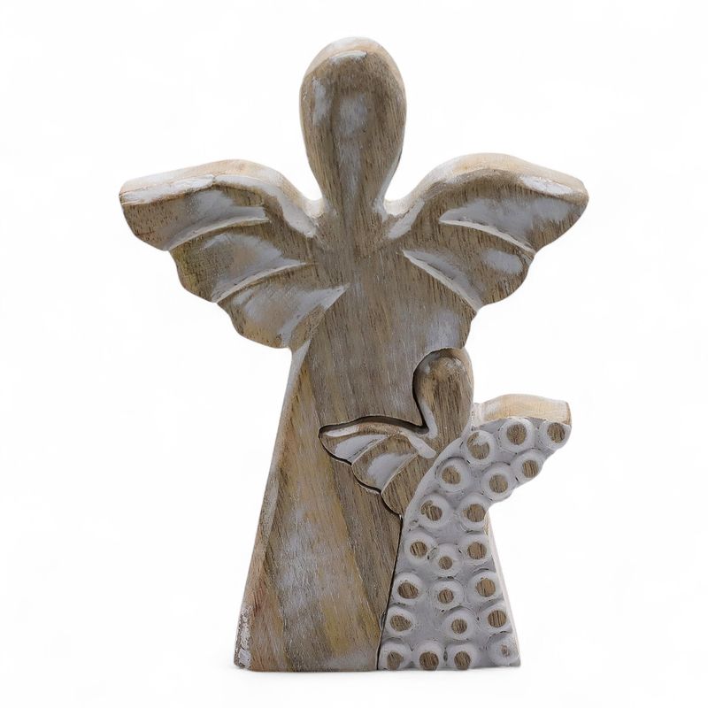 Angelo in Legno di Mango con Angelo Intagliato 15 cm – Sbiancato