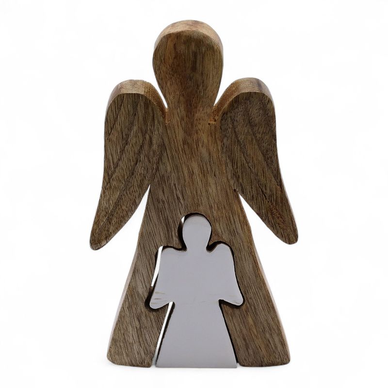 Angelo in Legno di Mango con Angelo Intagliato in Smalto Bianco 15 cm