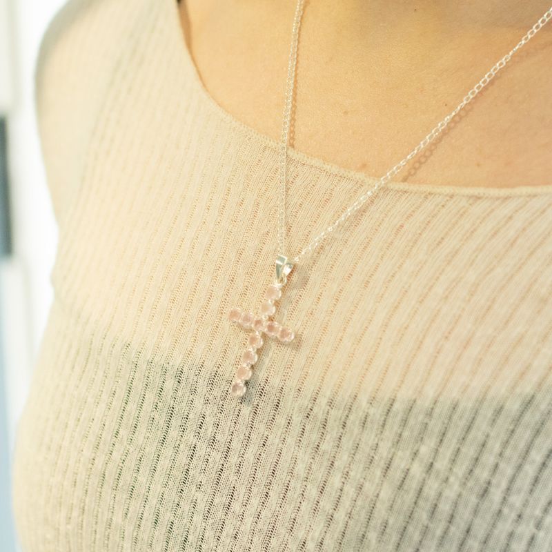 Pendenti Devozionali Placcati in Argento - Croce Quarzo Rosa