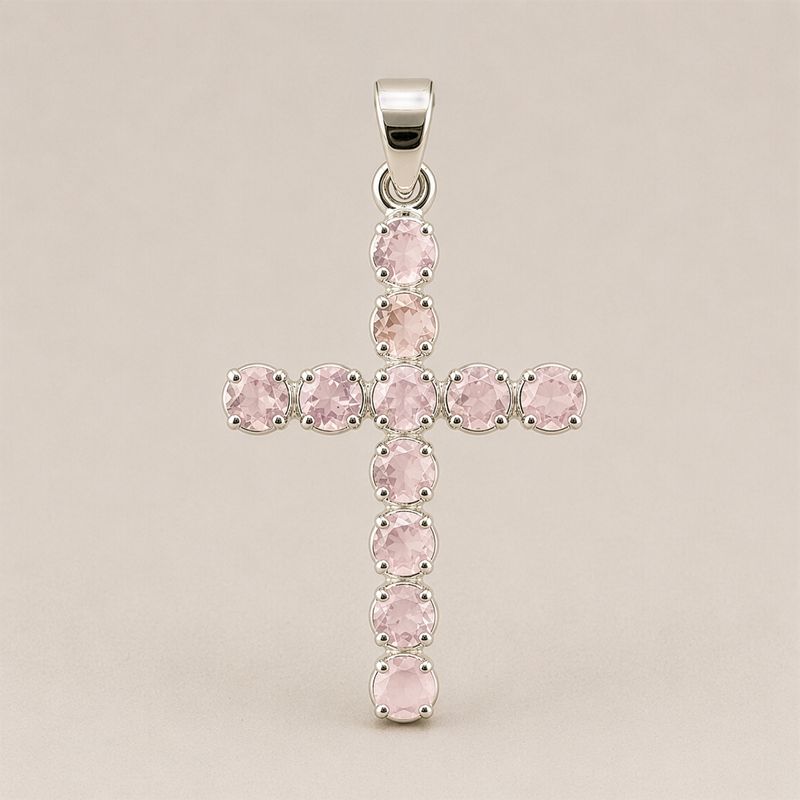 Pendenti Devozionali Placcati in Argento - Croce Quarzo Rosa