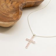 Pendenti Devozionali Placcati in Argento - Croce Quarzo Rosa