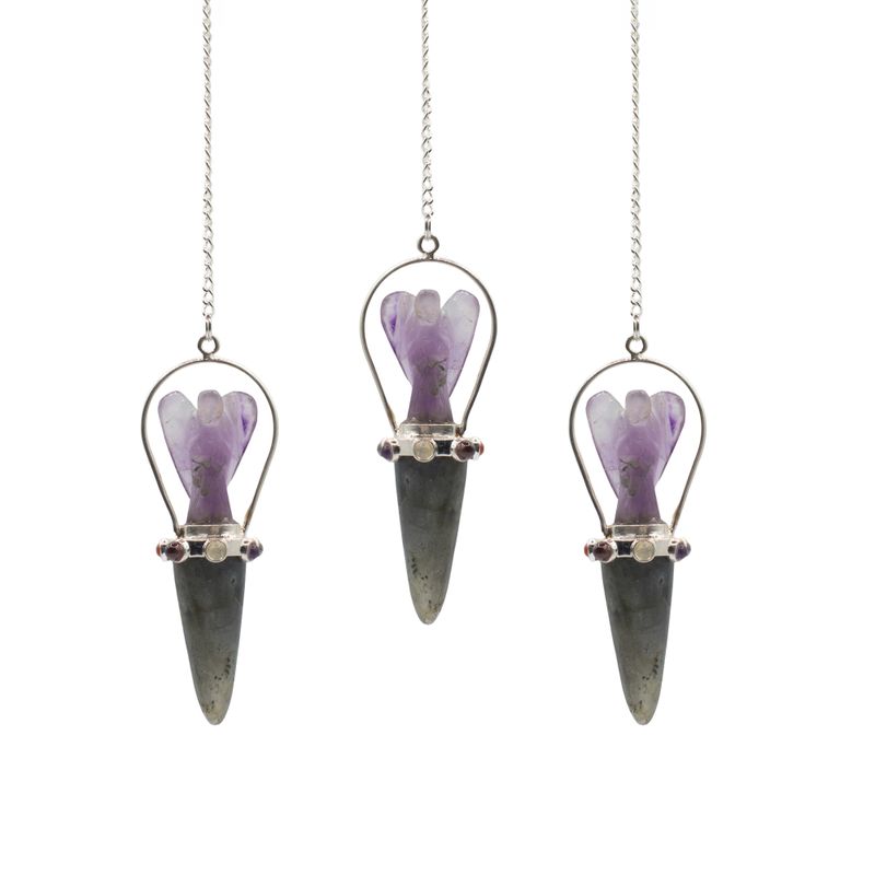 Pendolini "Camminatori del Velo" - Angelo con Fascia Chakra e Labradorite con Ametista