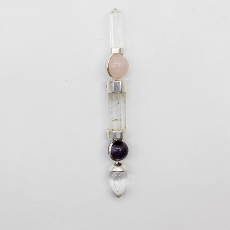 Bacchetta Axis of Grace - Sfere di ametista e quarzo rosa, stelo di quarzo - 12 cm