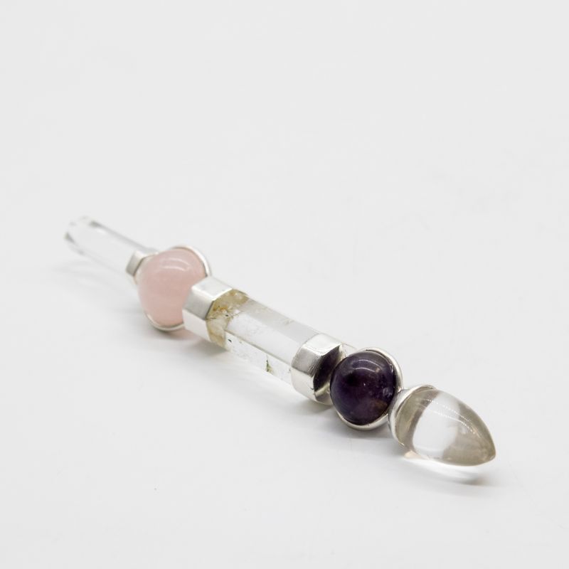 Bacchetta Axis of Grace - Sfere di ametista e quarzo rosa, stelo di quarzo - 12 cm