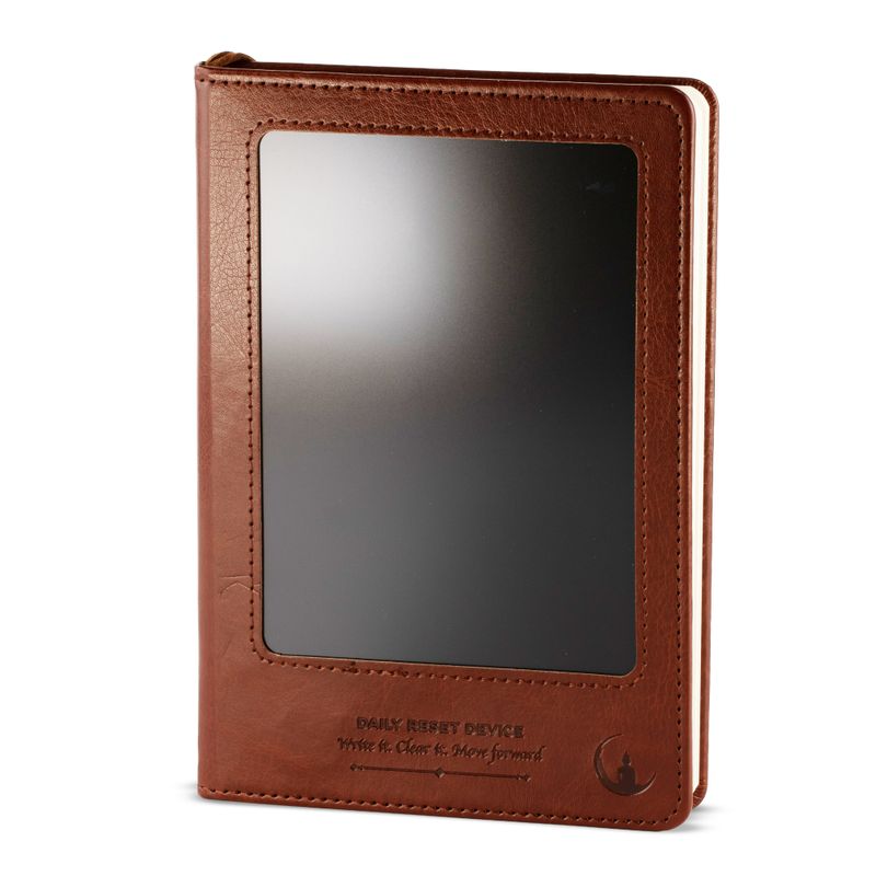Quaderno delle intenzioni - Schermo LCD Wipe - Effetto pelle marrone - Foglia di ottone - 80 fogli