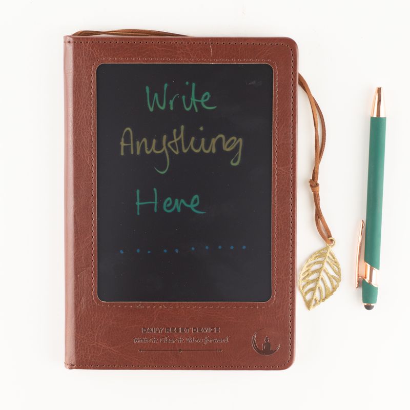 Quaderno delle intenzioni - Schermo LCD Wipe - Effetto pelle marrone - Foglia di ottone - 80 fogli