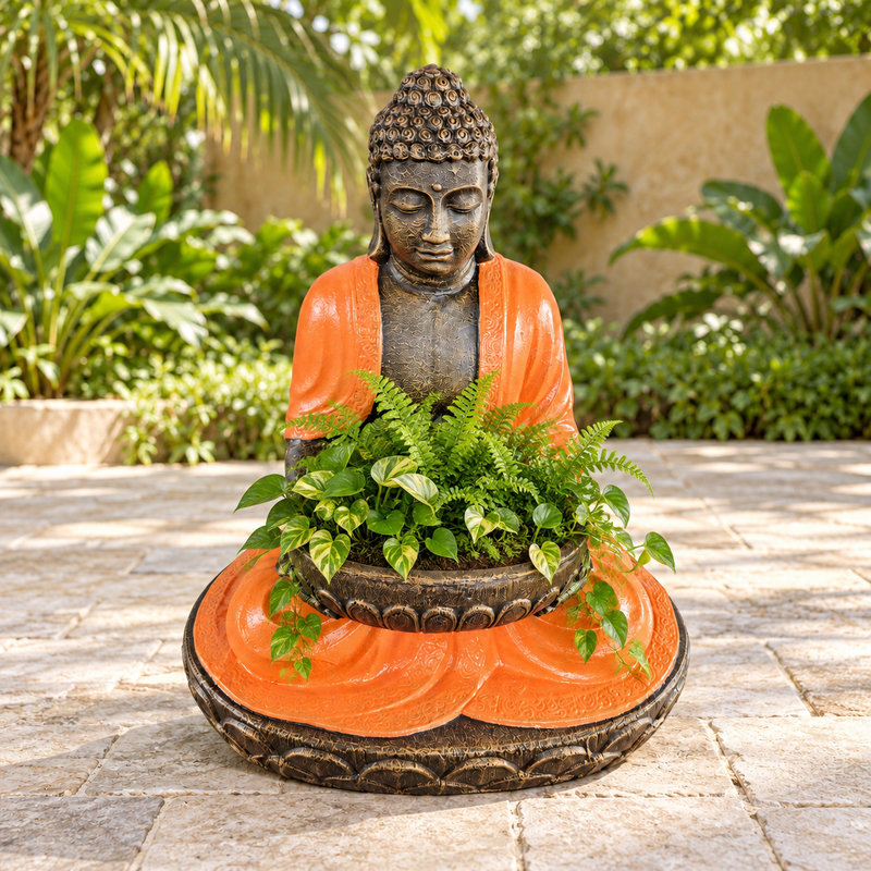 Grande Buddha Seduto in Terracotta e Pietra con Ciotola 80cm