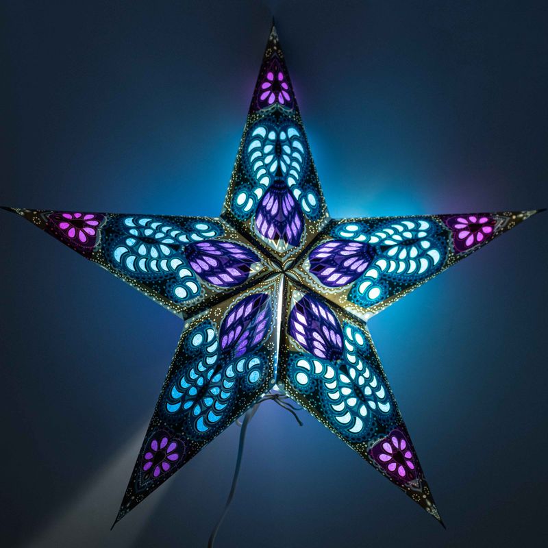 Lampada a Stella - Pavone Viola e Verde Ottanio a Cinque Punte - 60cm