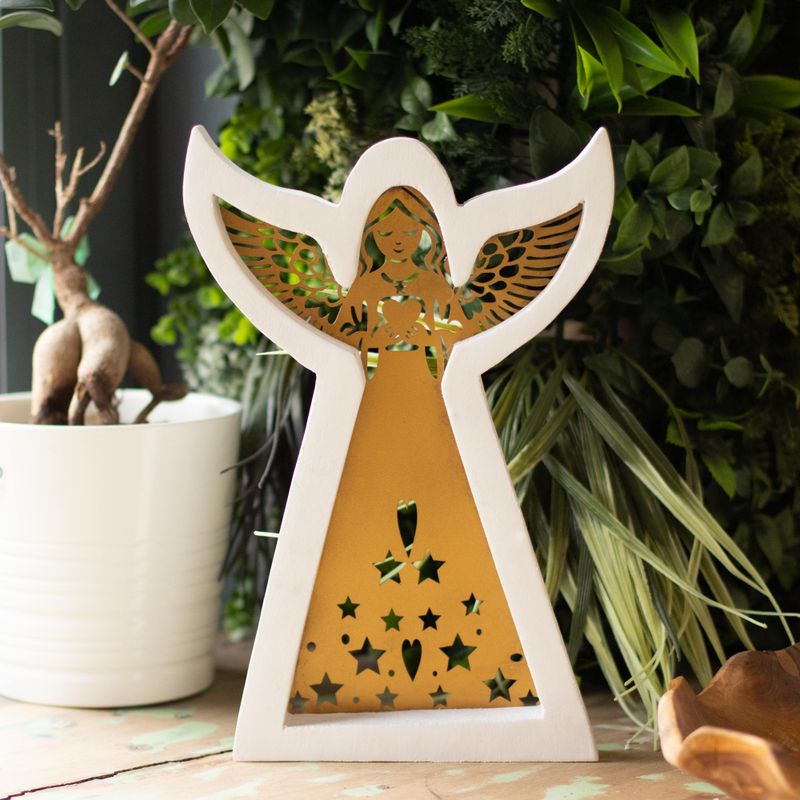 Angelo in Legno di Mango - Decapato con Decorazioni in Ferro Intagliato - 22cm