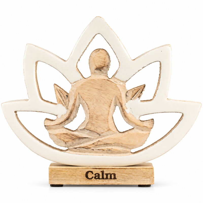 Statuetta Yoga in Legno - Fiore di Loto - Crema - Calma