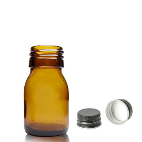 110x Flaconi Medicinali in Vetro Ambrato 30 ml con Tappi in Alluminio Neri