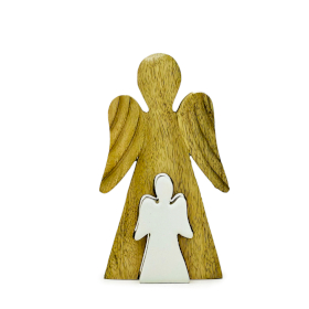 6x Angelo in Legno di Mango con Angelo Intagliato – Smalto Bianco – 15cm