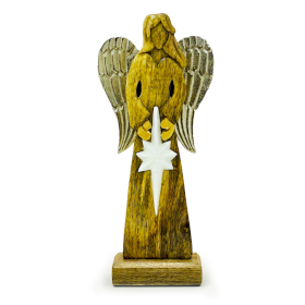 2x Angelo della Pace in Legno di Mango – Ali in Metallo e Dettagli Smaltati – 30cm