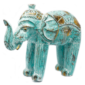 Elefante Intagliato in Legno - Oro e Turchese